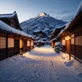 Yamagata, Japan-Febuary 27, : Landscape View Of Ginzan Onsen, One Of The Most Famous Hot Springs Old Town With Snow,