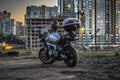 Yamaha FZS600 Fazer motorcycle parked in front of construction site in city Royalty Free Stock Photo