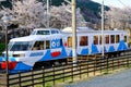Yamanashi,Japan:April-18-2016:Fuji JR train Fujisan Express on track at kawaguchiko station, the train painting colorful Fuji cart