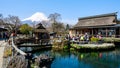 YAMANASHI JAPAN April-2017 Oshino Hakkai clear water village. Famous destination of traveller. Fuji volcano mountain coverd with Royalty Free Stock Photo