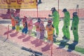 Yamanashi, Japan - January 26, 2018 : Group of Japanese little cute or kids studying ski training courses at ski resort.