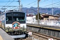 Yamanashi, Japan - March 24, 2019 : View of Thomas land 20th anniversary train character coming in the morning at Mt. Fuji Station