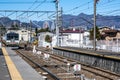 Yamanashi, Japan - March 24, 2019 : View of Thomas land 20th anniversary train character coming in the morning at Mt. Fuji Station