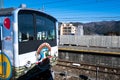 Yamanashi, Japan - March 24, 2019 : View of Thomas land 20th anniversary train character coming in the morning at Mt. Fuji Station