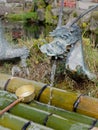 YAMANASHI, JAPAN - SEPTEMBER 26, 2017 : Spring water from dragon ornament tap of Waku pond in Oshino Hakkai