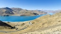 Yamdrok Lake and Mount Nojin Kangtsang from Kamba La pass on a clear day, Tibet Royalty Free Stock Photo