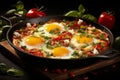 Yammy shakshuka with eggs, ripe tomatoes and flavorful green herbs in a pan. Black background