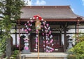 Yanaka Hongyoji temple and cherry tree decorations commemorating the death of monk Nichiren.