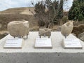 Yanardag, Azerbaijan, September, 10, 2019. Ancient small water vessel cuts from stone on the territory of Yanardag museum