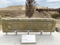 Yanardag, Azerbaijan, September, 10, 2019. Ancient stone inscription on the territory of Yanardag museum