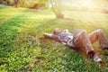 Yang business man relaxing outdoors with laptop Royalty Free Stock Photo