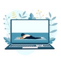 A yang women trainer is doing gymnastics, stretching on a laptop. Vector flat illustration of workout, training, at home online,