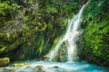 Xiao Yintang Waterfall of Yangmingshan National Park with milky cold spring and sunlight on sunny day, shot in Taipei, Taiwan. Royalty Free Stock Photo