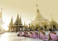 Young Buddhist Nuns Praying Shwedagon Pagoda Yangon Myanmar