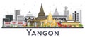 Yangon Myanmar City Skyline with Gray Buildings Isolated on Whit