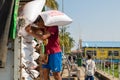 Man carry huge sacks of rice on their backs, Yangon Royalty Free Stock Photo