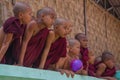 Boys novices of Buddhist monastery look out of the fence