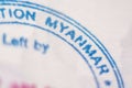 Yangon, Myanmar - November 2019: close up of Burmese country entrance stamp in passport