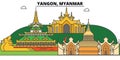 Yangon, Myanmar outline skyline, Burmese flat thin line icons, landmarks, illustrations. Yangon, Myanmar cityscape