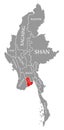 Yangon red highlighted in map of Myanmar