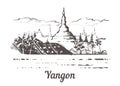 Yangon skyline hand drawn.Shwedagon Pagoda in Yangon sketch style illustration