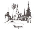 Yangon skyline hand drawn.Shwedagon Pagoda in Yangon sketch style illustration