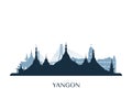 Yangon skyline, monochrome silhouette.
