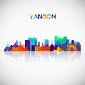 Yangon skyline silhouette in colorful geometric style.