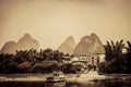 Sepia image of scenery along Li River in Yangshuo