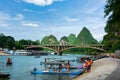 Yangshuo, China - July 27, 2018: Tourist bamboo rafts on Li river in Yangshuo near Guilin in China Royalty Free Stock Photo