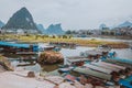 YANGSHUO, CHINA - MAY 26, 2018: Scenic landscape at Yangshuo County of Guilin. Li River (Lijiang River). Pleasure boats at the pi Royalty Free Stock Photo