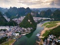 Yangshuo county and Li river in Guilin, aerial view