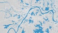 Yangtze river map, Wuhan city, China. Watercourse, water flow, blue on grey background road street map. Detailed vector
