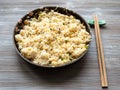 Yangzhou fried rice in ceramic plate on wood table Royalty Free Stock Photo