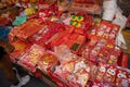 Yaowarat street market during Chinese New Year festival celebrates holidays shop sale red envelopes paper with lucky word and