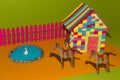 yard with a colorful house and a pair of horses by the pool with a duck, creative art design, made of toys and paper