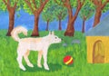 The yard dog plays with the ball. Children`s drawing Royalty Free Stock Photo