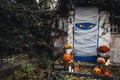 Yard entrance decorated for traditional Halloween celebration