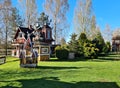 Yard with fabulous small houses on the outskirts of Vecumnieki village in Latvia in the spring of 2022