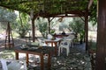 Yard of resort house in Sitonia, Greece. Grass, houses Royalty Free Stock Photo