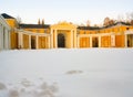Yard of Russian classical palace Arkhangelskoe under snow.