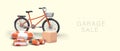 Yard sale. Realistic bicycle with basket, lifebuoy, books, binoculars, cardboard box Royalty Free Stock Photo