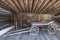 Yard of the Siberian peasant with agricultural machinery, Architectural and ethnographic Museum `Taltsy`, Irkutsk region, Easter