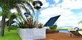 Yard of a technologically advanced futuristic estate. Autonomous solar power plants on trackers in the form of a steel ball with