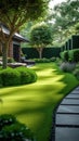 Yard transformation Green trees and a well manicured lawn enhance landscaping