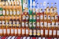 Yaremche Ukraine. 25 june 2021: Bottles with handmade liqueur on the shelves. Alcoholic drinks from different berries and fruits