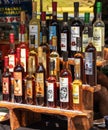 Yaremche Ukraine. 25 june 2021: Bottles with handmade liqueur on the shelves. Alcoholic drinks from different berries and fruits