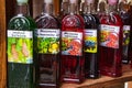 Yaremche Ukraine. 25 june 2021: Bottles with handmade liqueur on the shelves. Alcoholic drinks from different berries and fruits