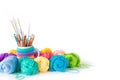 Yarn balls for knitting and hooks, knitting needles. Royalty Free Stock Photo