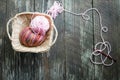 Yarn in basket with crochet hook Royalty Free Stock Photo